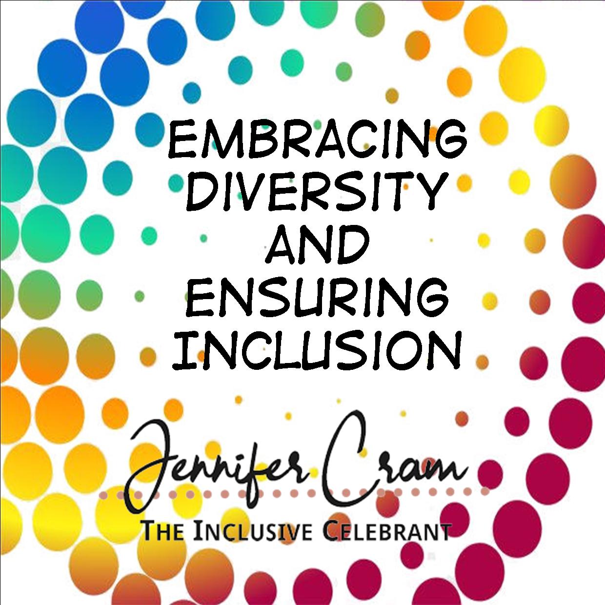 The words Embracing Diversity
              and Ensuring Inclusion enclosed in concentric circles of
              rainbow dots on a white ground